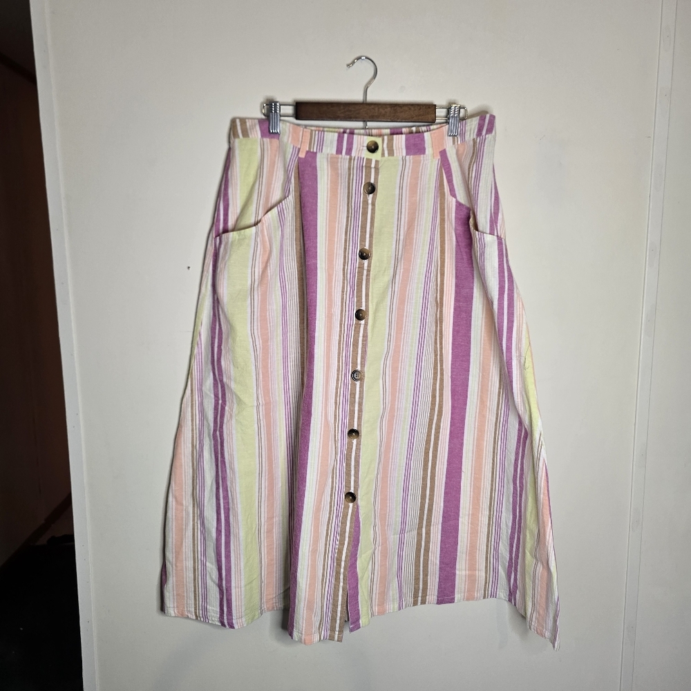 St Johns Bay Button Front Striped Linen Maxi Skirt